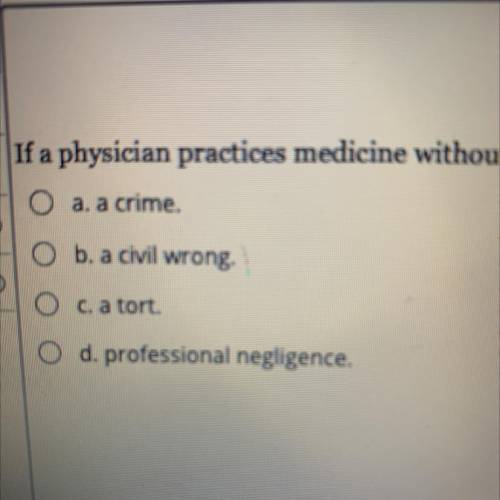 If a physician practices medicine without a license, this is an example of