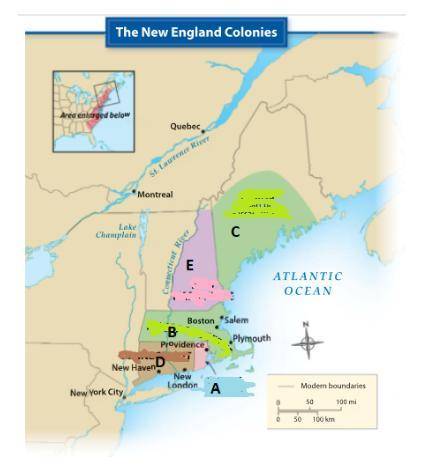 Match the colony name to the letter from the map.

E
A
B
C
D
1. 
Rhode Island
2. 
Massachusetts
3.