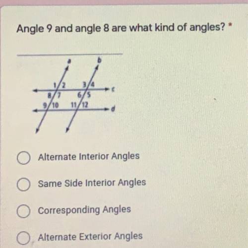 Angle 9 and angle 8 are what kind of angles? *

 
2
8/1
6/5
11/12
Alternate Interior Angles
Same Si