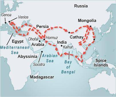 Map of Europe and Asia showing Marco Polo's route in red dashes and arrows.

Based on the map, whi