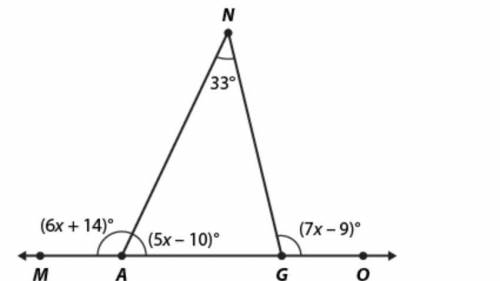 Look at the figure below.

Select TWO equations that represent angle relationships in the figure.
