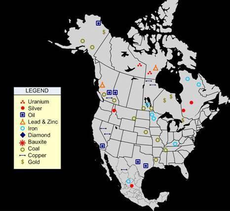 The map below shows the location of some natural resources in North America.

According to the map