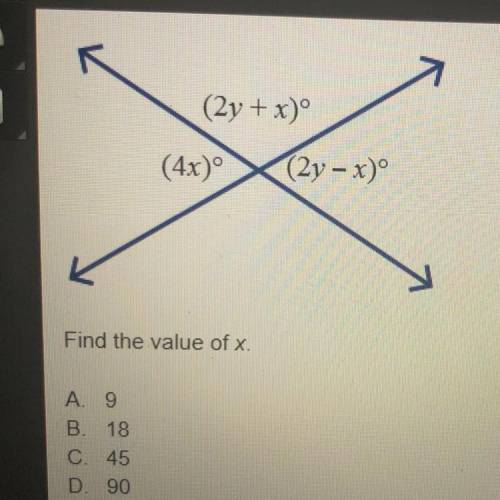 Find the value of x
A.9
B.18
C.45
D.90