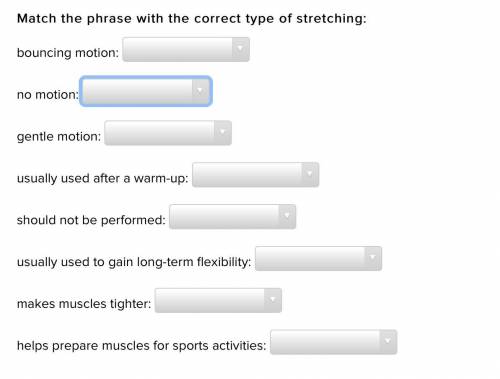 Help pls all of them are either dynamic stretching, Ballistic stretching, Or stretching