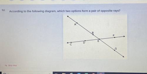 According to the following diagram, which two options form a pair of opposite rays?

a) EG
b) EC