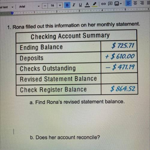 1. Rona filled out this information on her monthly statement.

Checking Account Summary
Ending Bal
