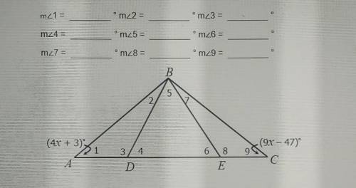 If ∆ABC is an isosceles triangle and ∆DBE is an equilateral triangle, find each missing measure.
