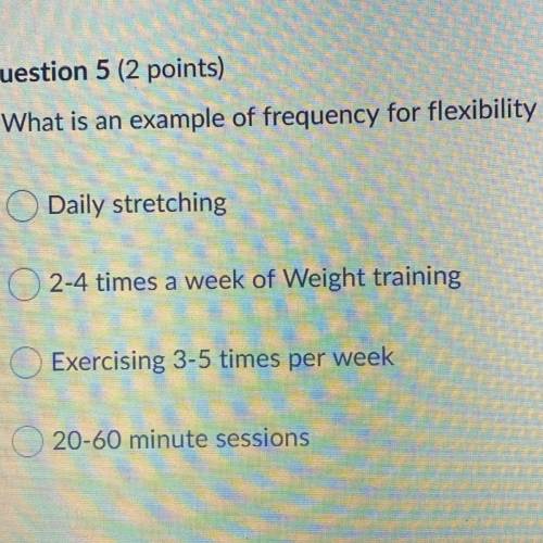 What is an example of frequency for flexibility

Daily stretching
2-4 times a week of Weight train