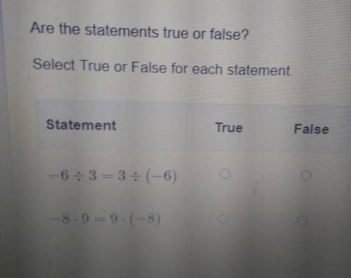 Are the statements true or false? Select True or False for each statement. Statement True False -6: