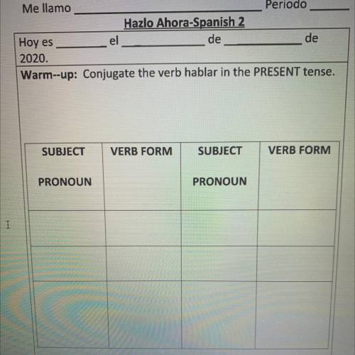 Warm--up: Conjugate the verb hablar in the PRESENT tense.

SUBJECT
VERB FORM
SUBJECT
VERB FORM
PRO
