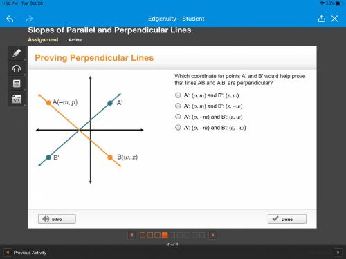 Which coordinate for points A' and B' would help prove that lines AB and A'B' are perpendicular?