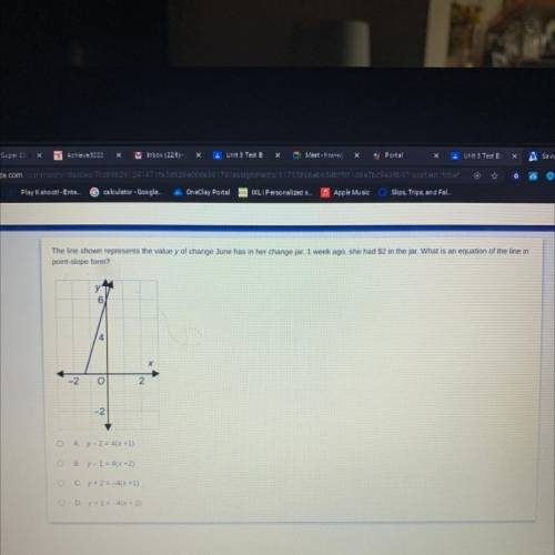 The line shown represents the value y of change June has in her change jar. 1 week ago, she had $2