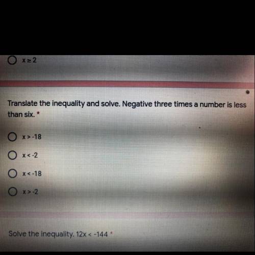 Translate the inequality and solve. Negative three times a number is less than six.