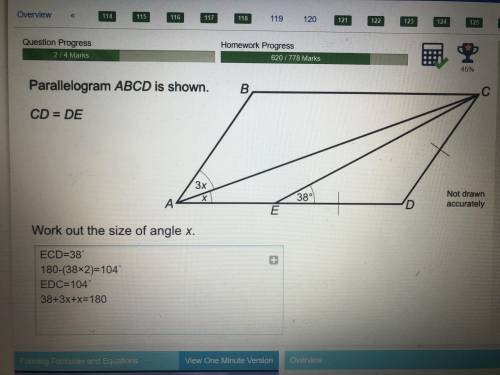 Parallelogram ABCD is shown
CD=DE
Work out the size of angle x
