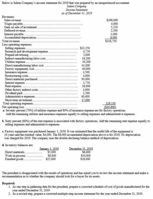 Below is Salem Company’s income statement for 2018 that was prepared by an inexperienced accountant