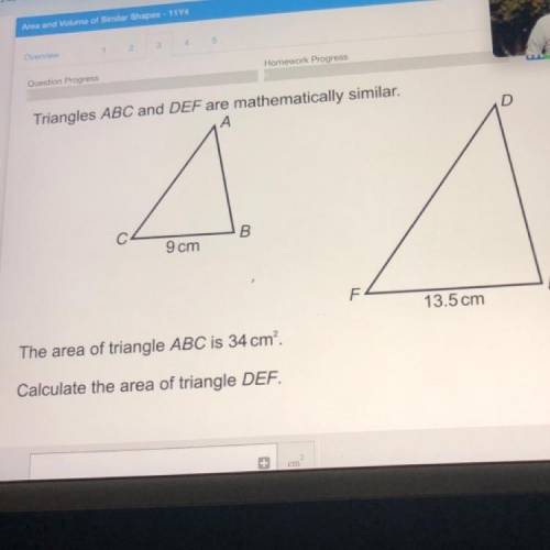 Triangles ABC and DEF are mathematically similar.

A
B
9 cm
F
חו
13.5 cm
The area of triangle ABC