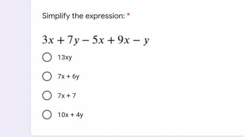 Simplify the expression: 3x + 7y - 5x + 9x - y