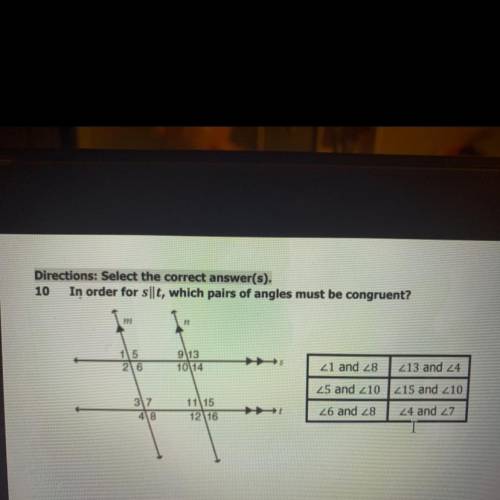 In order for s//t which pairs of angles must be congruent