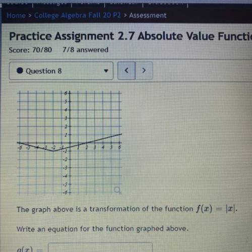 0+

3
2
1
-3
-4
The graph above is a transformation of the function f(x) = |2|.
Write an equation