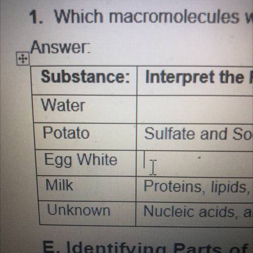 A. what macromolecules are present in egg whites
B. what macromolecules are present in water