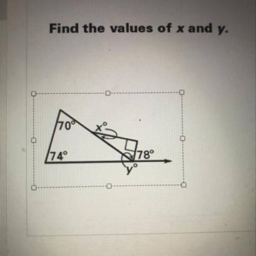 Find the values of x and y.
70
74°
78