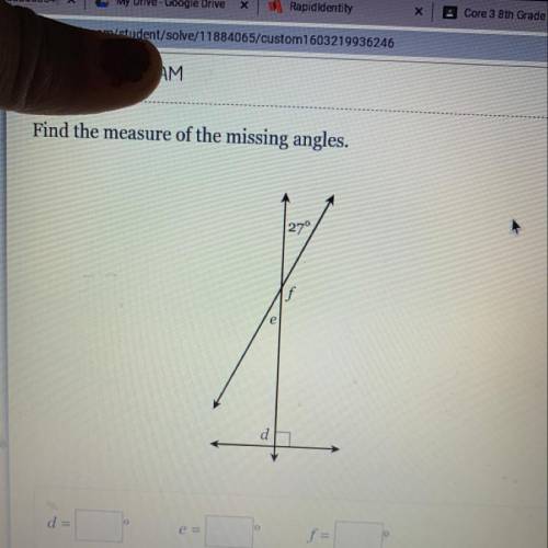 Find the measurement of the missing angles.
d=_ degrees e=_degrees f=_degrees