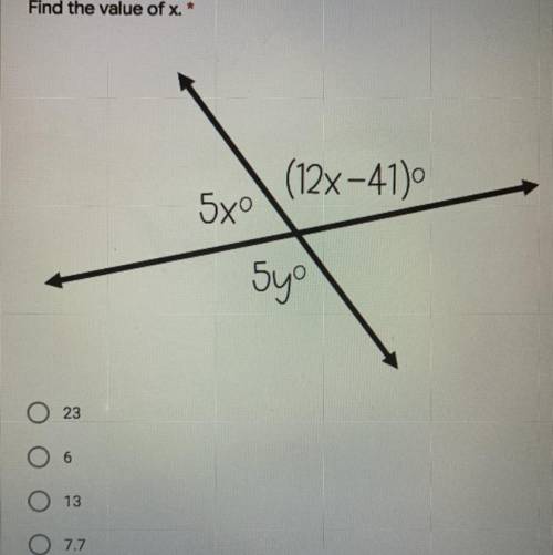 Plzzzz helppp Find the value of x. *
(12x –41)
5x
5y
(Picture included:) )