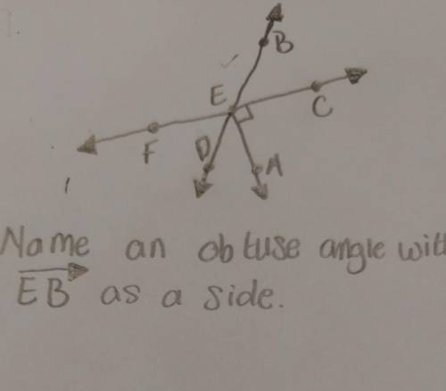 Name an obtuse angle with EB as a side