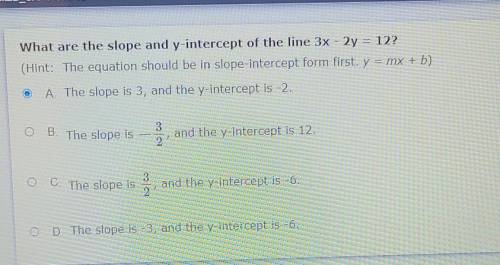 What are the slope and y-intercept of the line 3x-2y=12