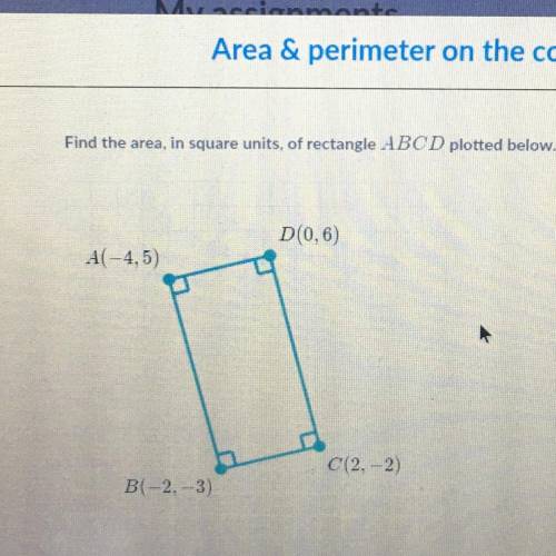 Find the area, in square units, of rectangle ABCD plotted below.

D(0,6)
A(-4,5)
C(2,-2)
B(-2,-3)