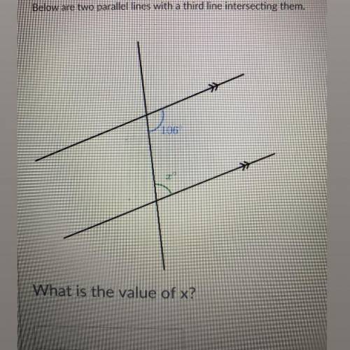 Below are two parallel lines with a third line intersecting them.

106°
What is the value of x?