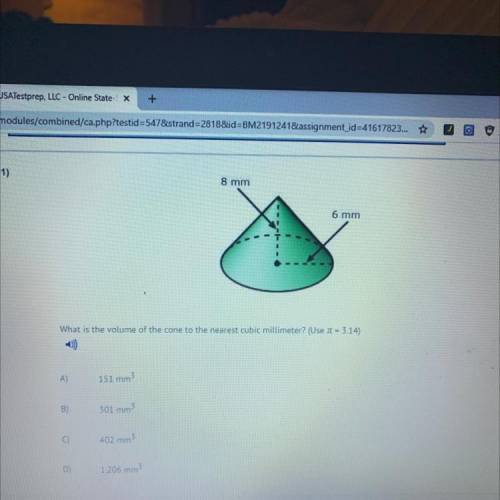 What is the volume of the cone to the nearest cubic millimeter? (Use n = 3.14)

A)
151 mm3
B)
301