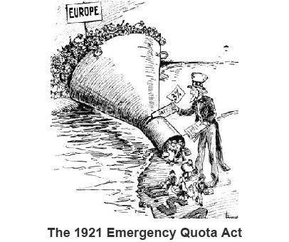 Study the 1921 political cartoon about the Emergency Quota Act

How does the cartoon reflect bias?