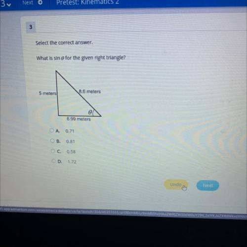 What is sin 0 for the given right triangle?