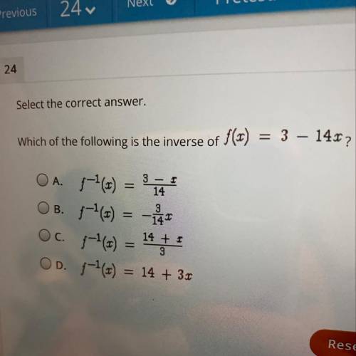 Which of the following is the inverse of f(x)=3-14x?