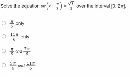 Solve the equation Tangent (x + StartFraction pi Over 3 EndFraction) = StartFraction StartRoot 3 En