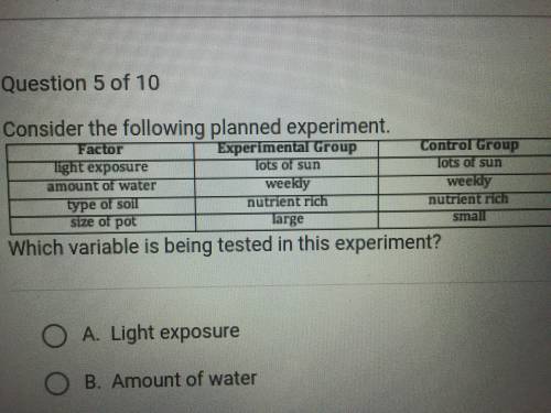 Consider the following planned experiment.

Which variable is being tested in this experiment? A.