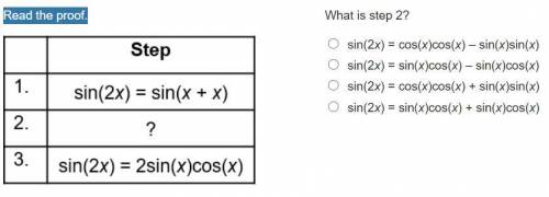 Read the proof.

What is step 2?
sin(2x) = cos(x)cos(x) – sin(x)sin(x)
sin(2x) = sin(x)cos(x) – si