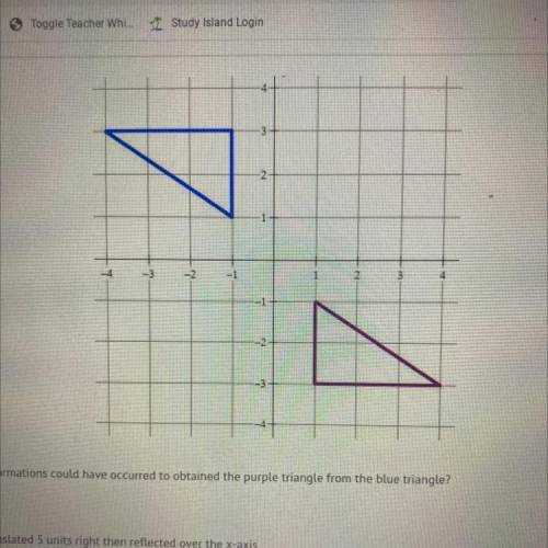 Which transformations could have occurred to obtained the purple triangle from the blue triangle?