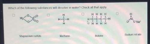 Which of the following substances will dissolve in water? Check all that apply.

Magnesium Sulfate