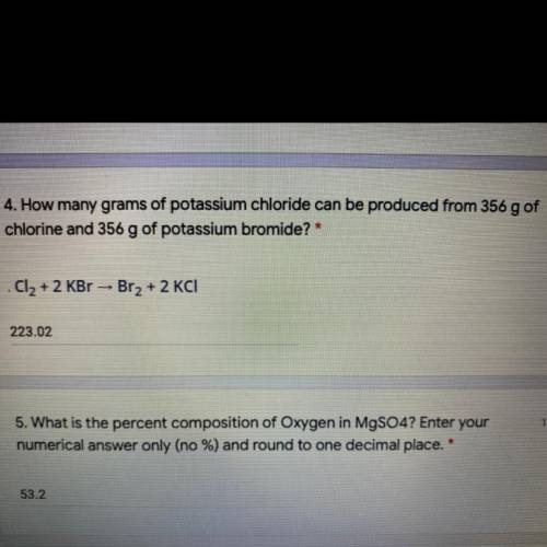 How many grams of potassium chloride can be produced from 356 g of chlorine and 356 g of potassium