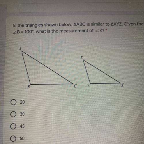 In the triangles shown below, AABC is similar to AXYZ. Given that ZA = 50° and

ZB = 100°, what i