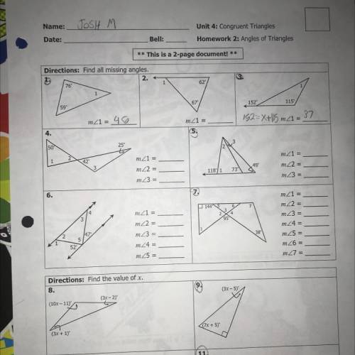 L

4: Congruent Triangles
Homework 2: Angles of Triangles
Date:
Bell:
** This is a 2-page document