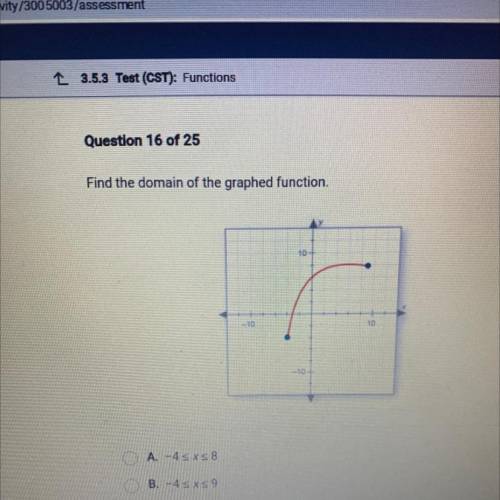 Please help Find the domain of the graphed function.

A. -4 < x < 8
B. -4< x < 9
C. x