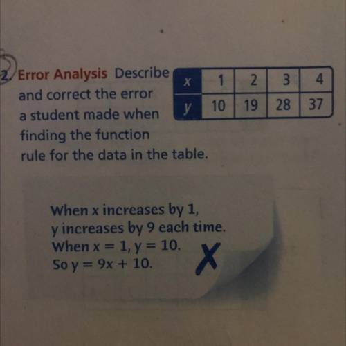 What is the error when x increases by 1 y increases by 9 each time when x=1 and y=10 so y=9x+10
