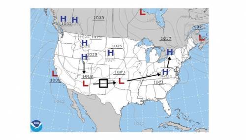 On this map of the United States, the letter H indicates high pressure and the letter L indicates l