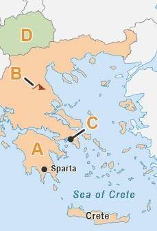 The map shows ancient Greece.

A map titled Greece. The map has labels A through D. A is on a peni