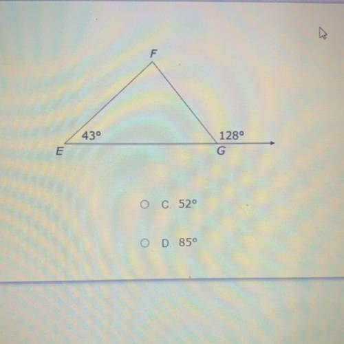 Triangle EFG is shown below

what is the measure of
a.90
b.137
c.52
d.85
PLEASE HELP me i’ll mark
