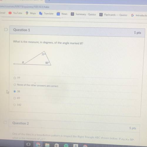 What is the measure , in degrees of the angle marked B?