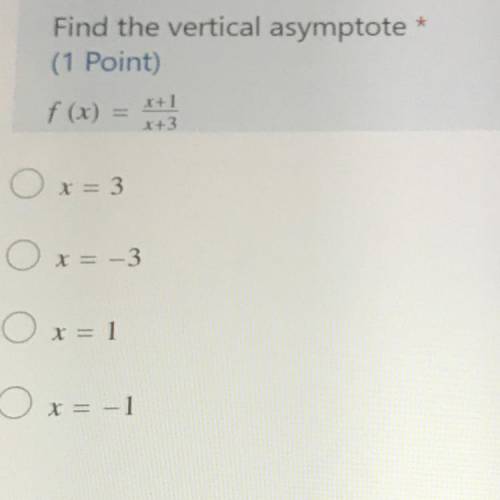 Find the vertical asymptote
f(x) = 
+3
Ox=3
x = -3
Ox=1
Ox=-1